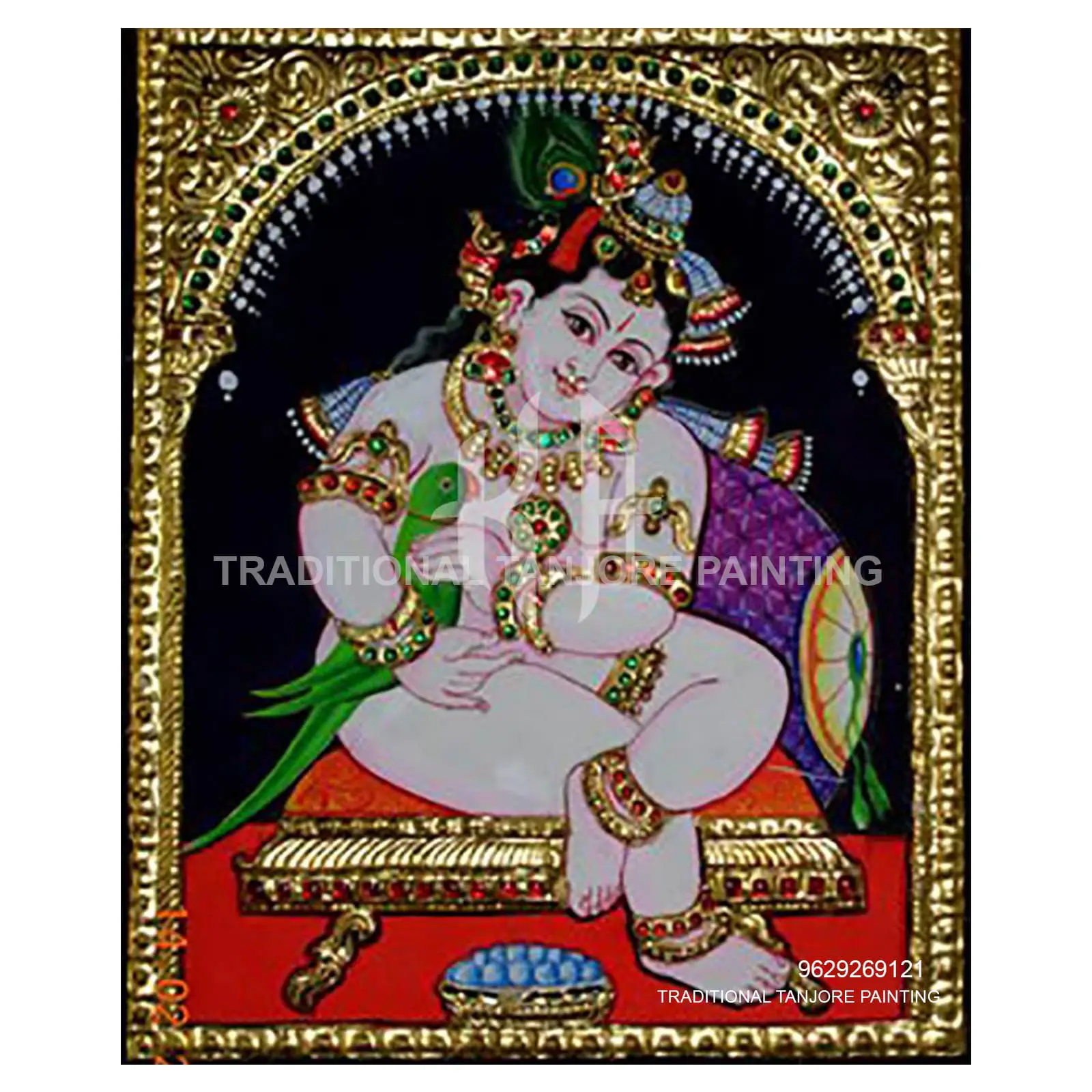 Krishna Play with Parrot | Tanjore Painting